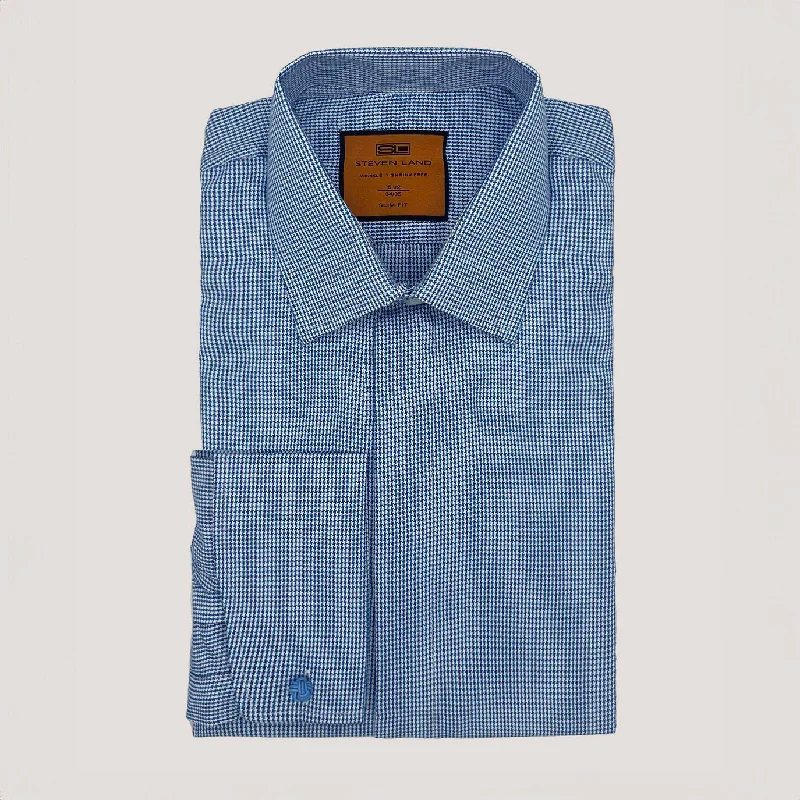 The Eric Dress Shirt | Classic Collar | French Cuff | Micro Blue & Navy Houndstooth Pattern