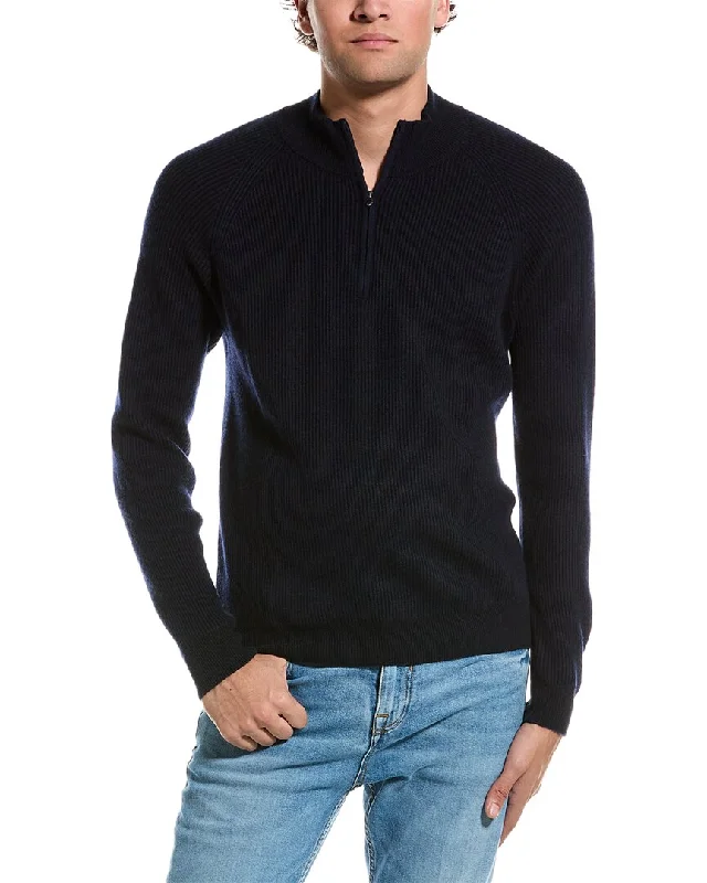 Amicale Cashmere Two-Tone Plaited Rib Cashmere 1/4-Zip Sweater