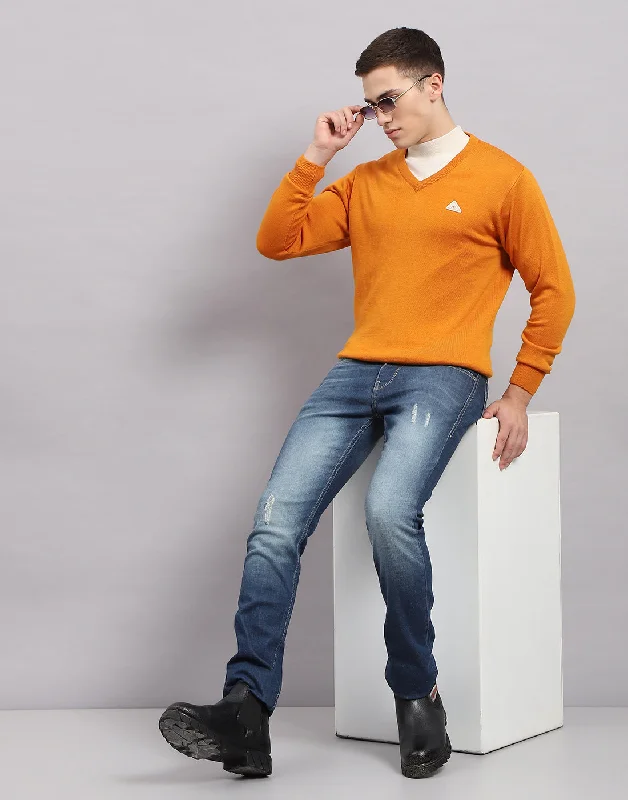 Men Orange Solid V Neck Full Sleeve Pullover